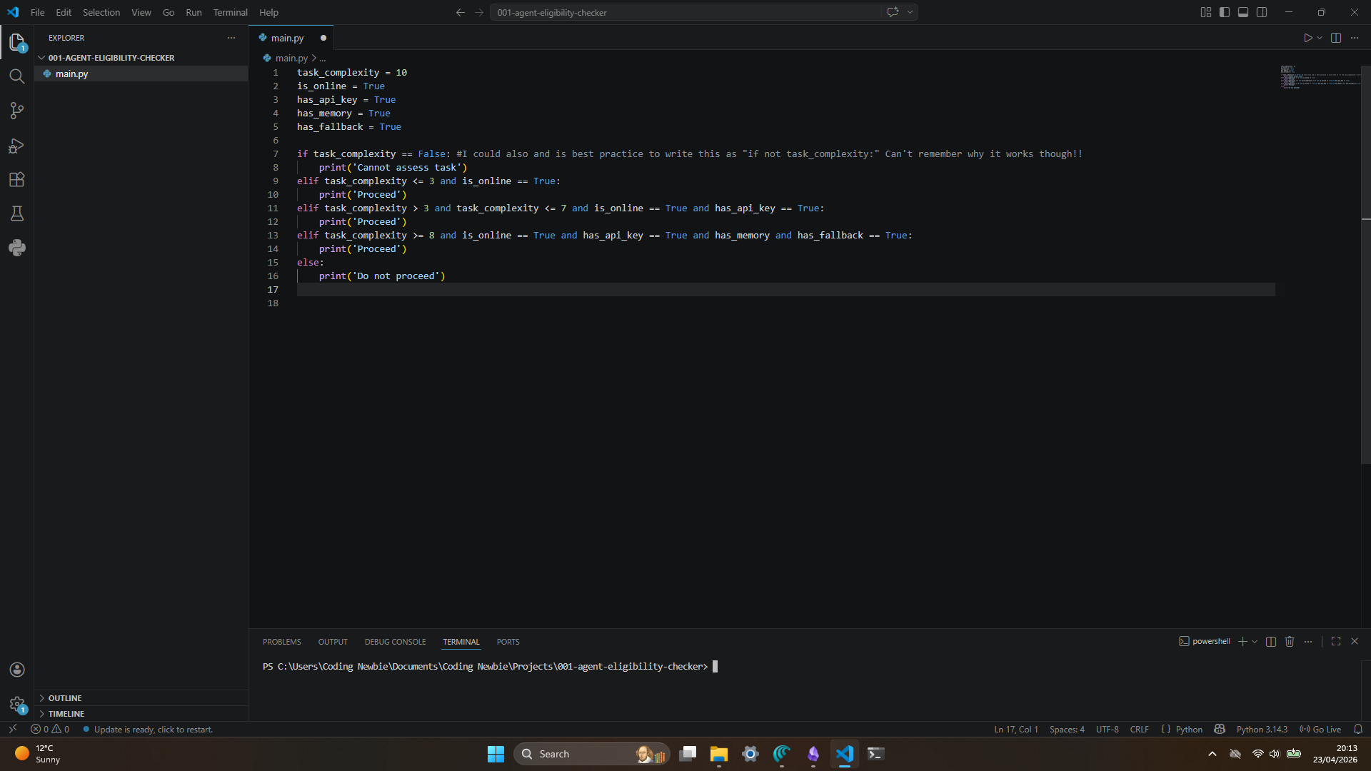 VS Code showing the Agent Eligibility Checker code