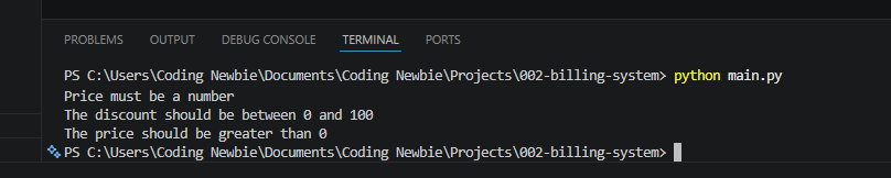 Terminal output for the billing validation function
