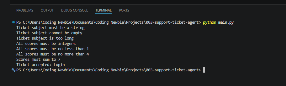 Terminal output for the support ticket validation function